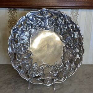 Vintage Arthur Court 1995 Metal Cast Aluminum Rabbit Rose Platter Bowl